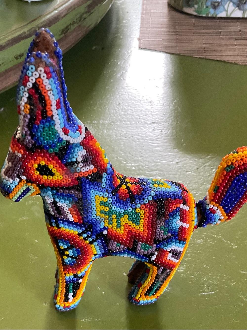 Handcrafted Multicolor Beaded Huichol folk art Donkey Sculpture
